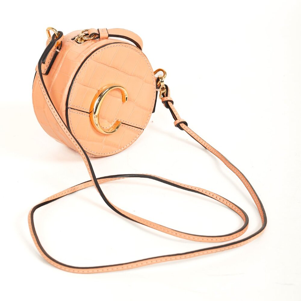 Chloe C Mini Round Milky Orange Croc-Embossed Crossbody Bag